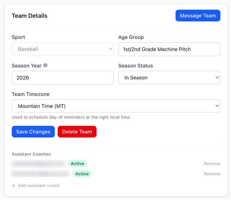 Screenshot: Team Details page showing the assistant coach email field and access settings