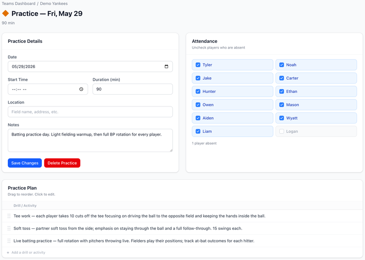 Screenshot: Full practice details page with drill instructions