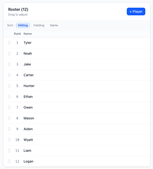 Screenshot: App screen showing player roster and position setup for the full season