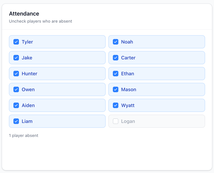 Screenshot: Practice attendance box.