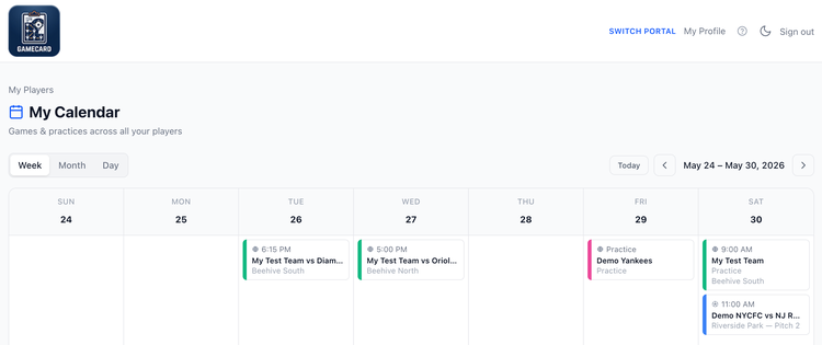 Screenshot: Parent calendar of events.