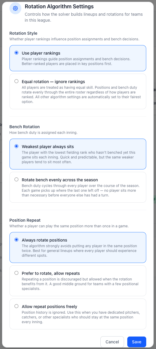 Screenshot: Algorithm settings controlled by the league for every team.