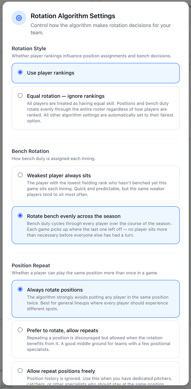 Screenshot: Configurable fairness algorithm for coaches.