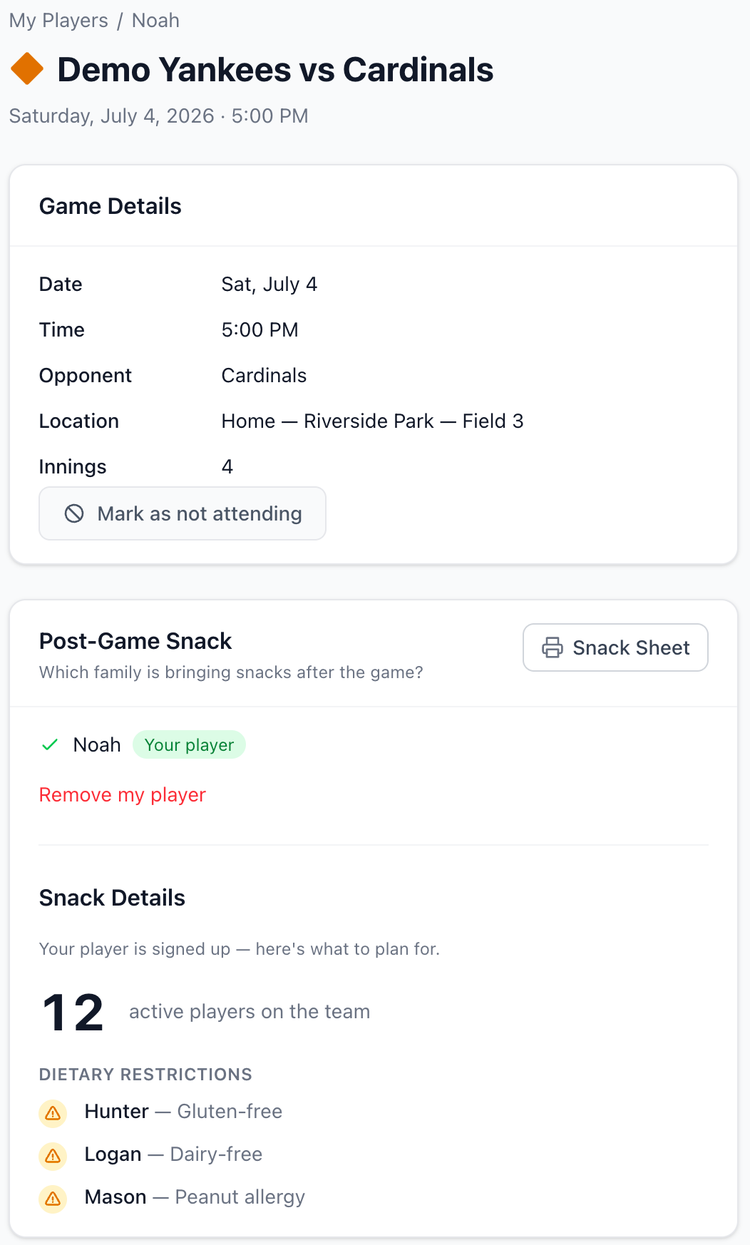 Screenshot: Parent game details with snack