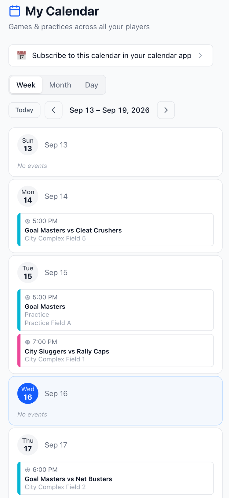 Screenshot: Parents calendar with multiple player events.