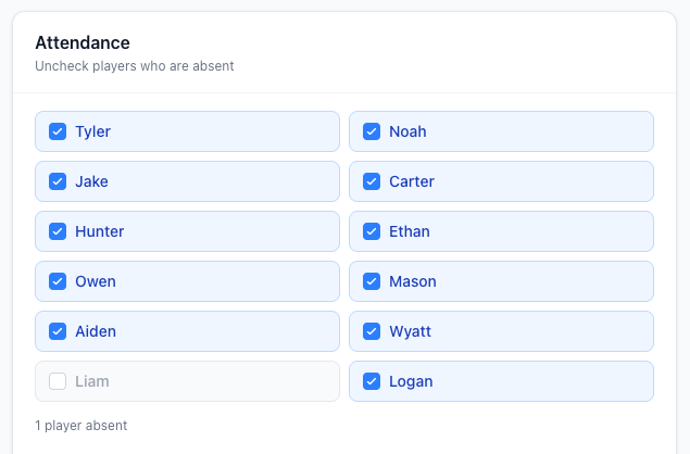 Screenshot: Easy to mark game attendance for lineup changes on the fly.