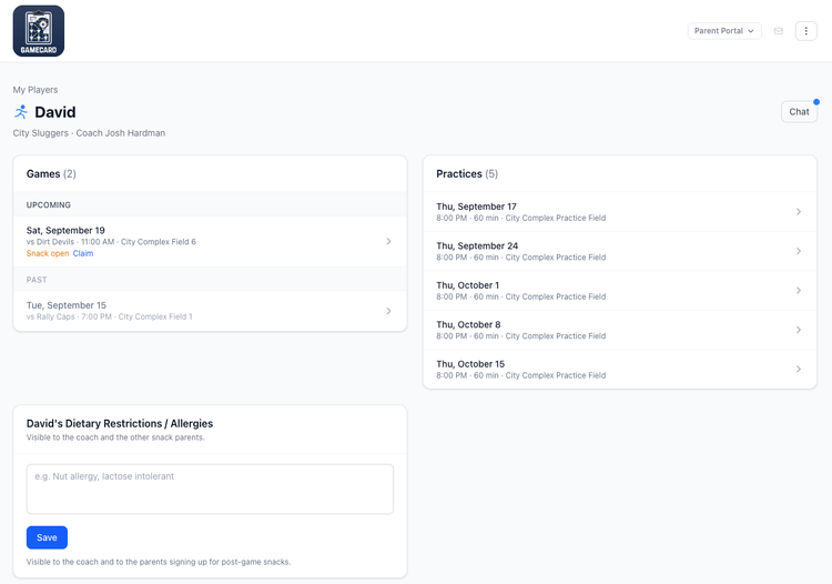 Screenshot: parent view of player details with schedule