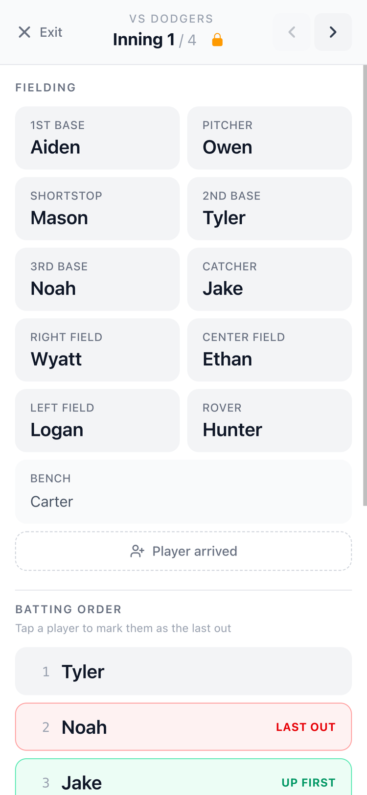 Screenshot: In-game mode showing lineup for the current rotation