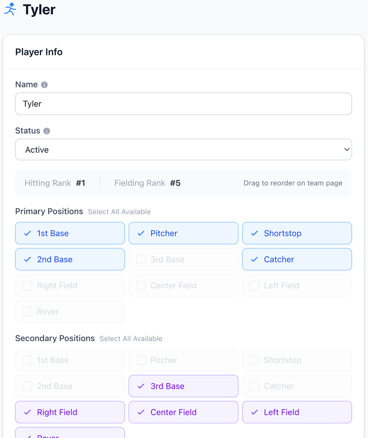 Screenshot: Coach team page showing player info with positions, and ranking order