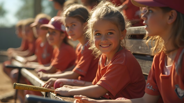 Youth softball team together on the bench