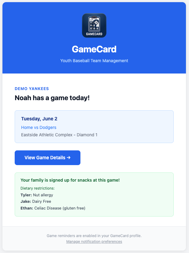 Screenshot: Parent reminder email with snack details.