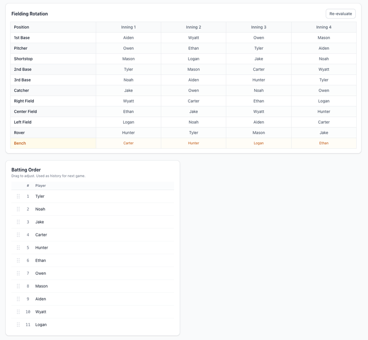 Screenshot: GameCard full game fielding rotation and batting order