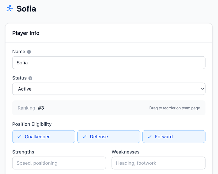 Screenshot: Player profile showing goalkeeper opt-in preference