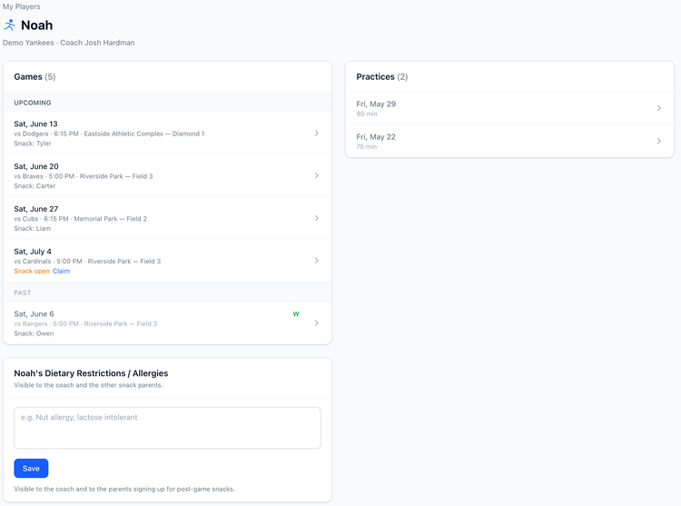 Screenshot: Parent view of a players schedule.