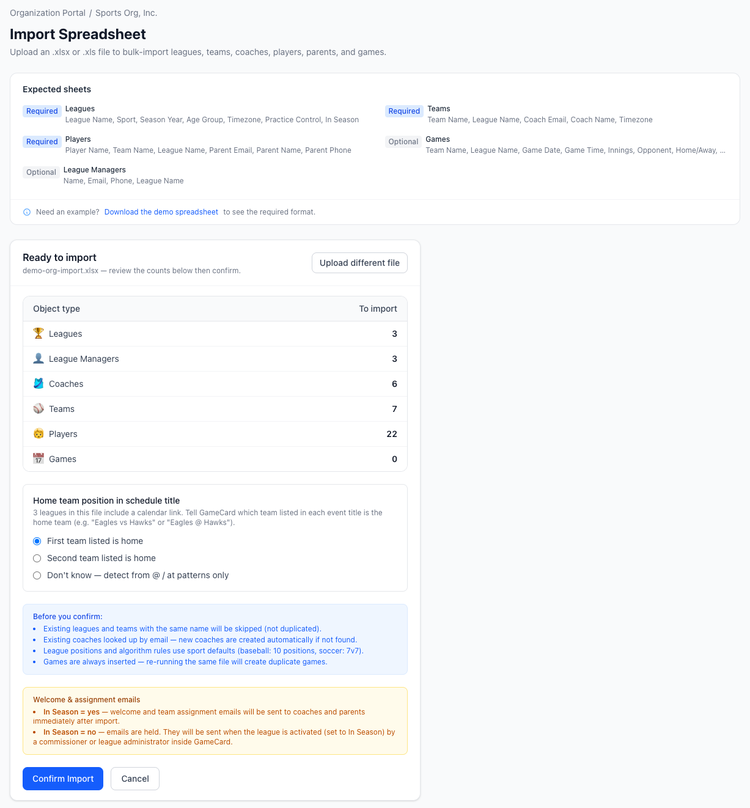 Screenshot: Import an entire organization with leagues, teams, coaches, and players.