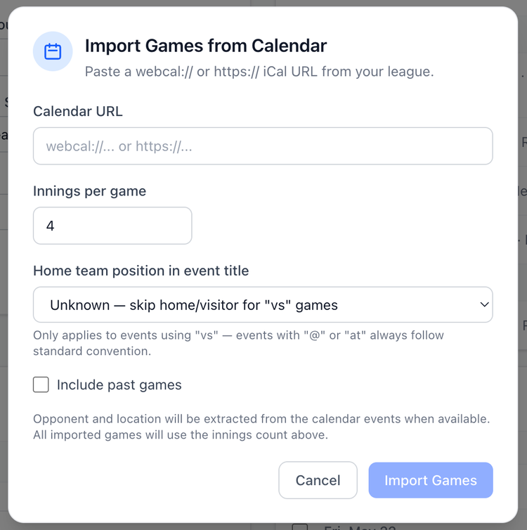 Screenshot: iCal schedule importer wizard.