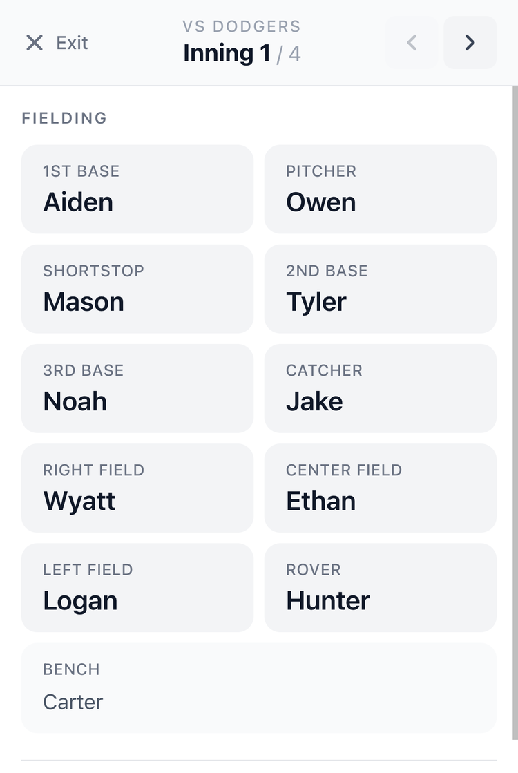 Screenshot: In-Game Mode showing fielding positions for the current inning