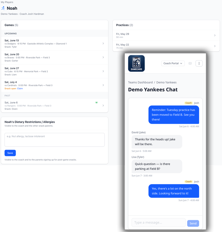 Screenshot: Parent player view with schedule and chat window.