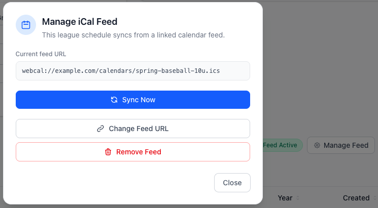 Screenshot: Organization ical feed settings dialog.