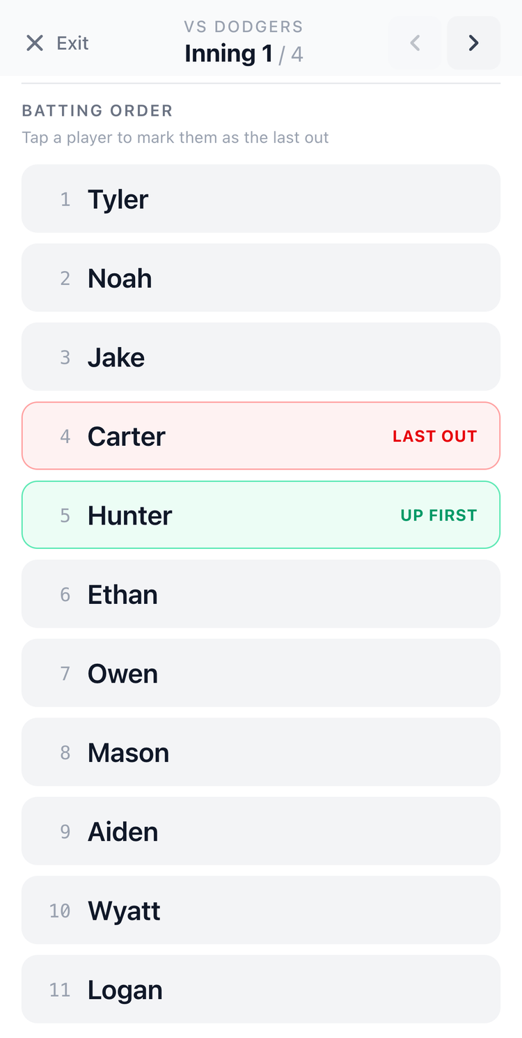 Screenshot: In-Game Mode showing batting order with who's up next indicator.