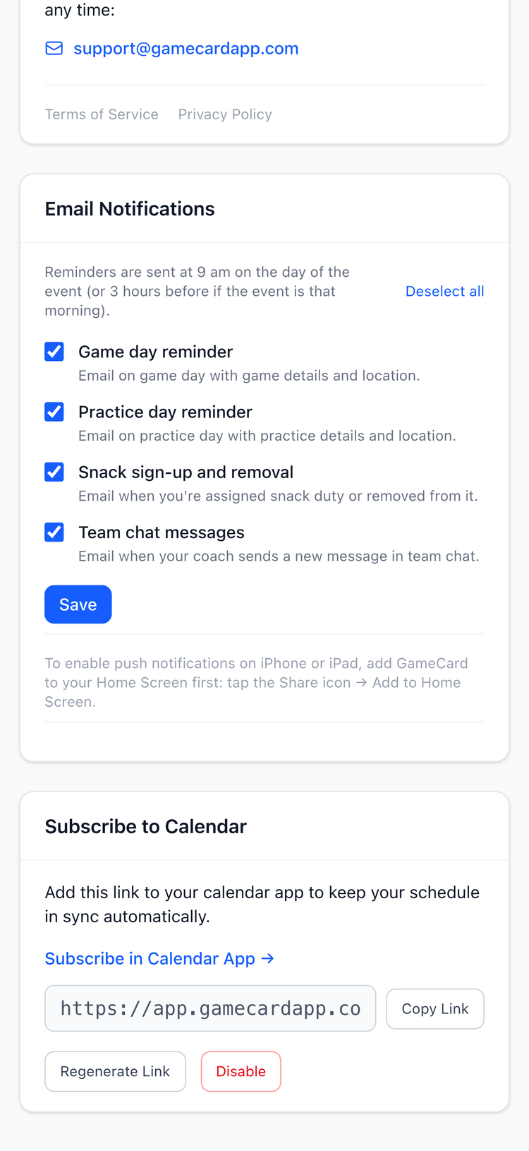 Screenshot: Parent profile with link to ical subscription.
