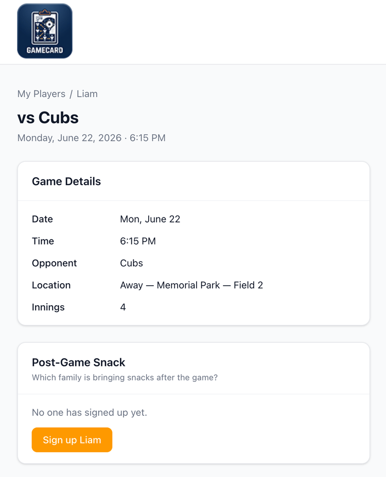 Screenshot: Snack sign-up page for parents
