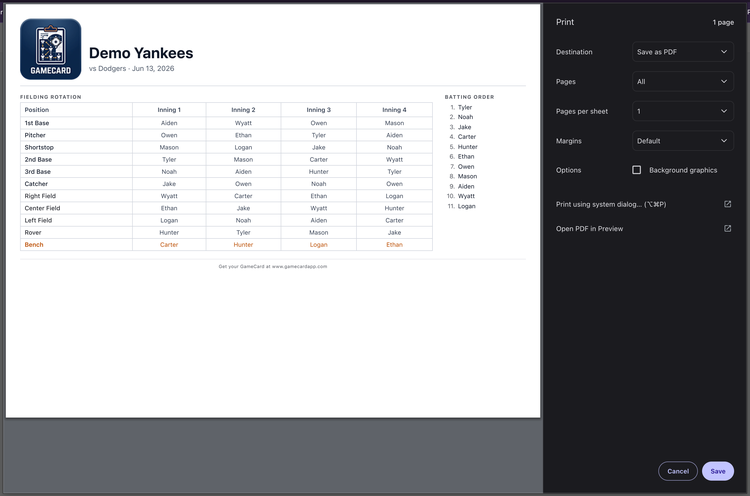 Screenshot: Print dialog showing the formatted game card, fielding rotation grid and batting order on a single printable page