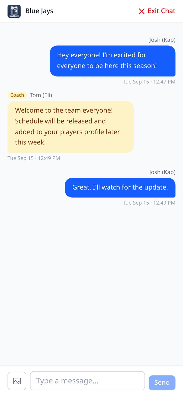 Screenshot: Parent chat view showing a coach message and a parent reply in a real-time thread
