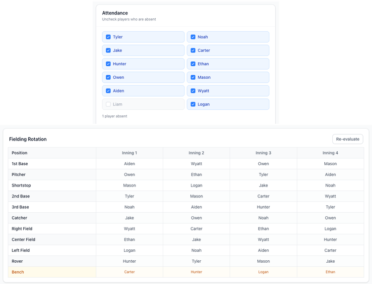 Screenshot: Game setup form showing player list with attendance checkboxes