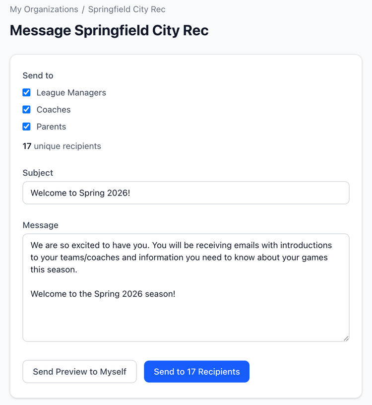 Screenshot: Organization administrators can send messages to all org members.