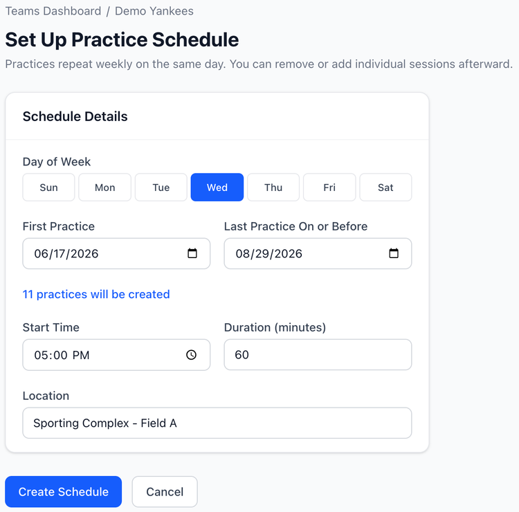Screenshot: Practice scheduler with recurring details.